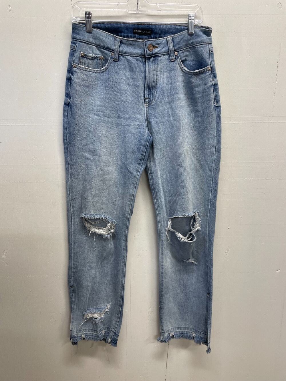 Sincerely Jules Distressed Jeans High Rise Ripped Knees Raw Hem Size 5/27
